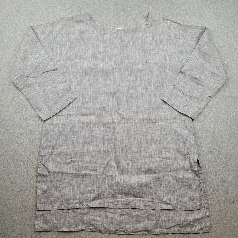 Eileen Fisher Tunic Top Womens Small Gray Linen Long Sleeve Boat Neck Side Slit